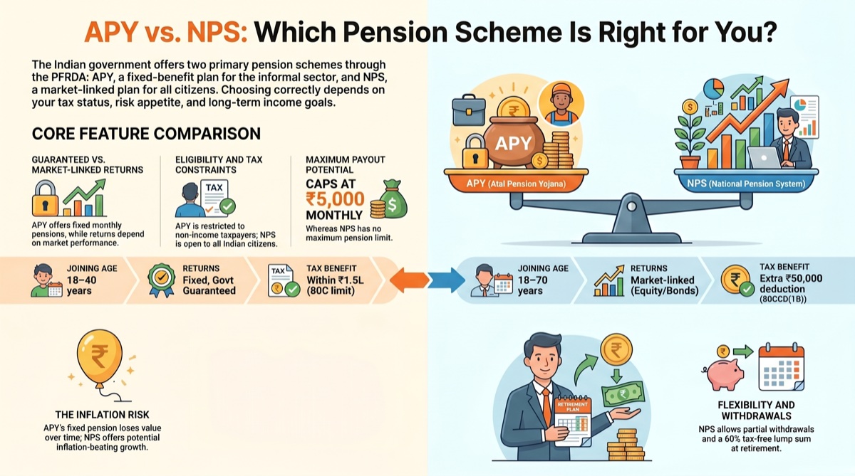APY vs NPS comparison infographic — features, eligibility, contributions, pension benefits and key takeaway
