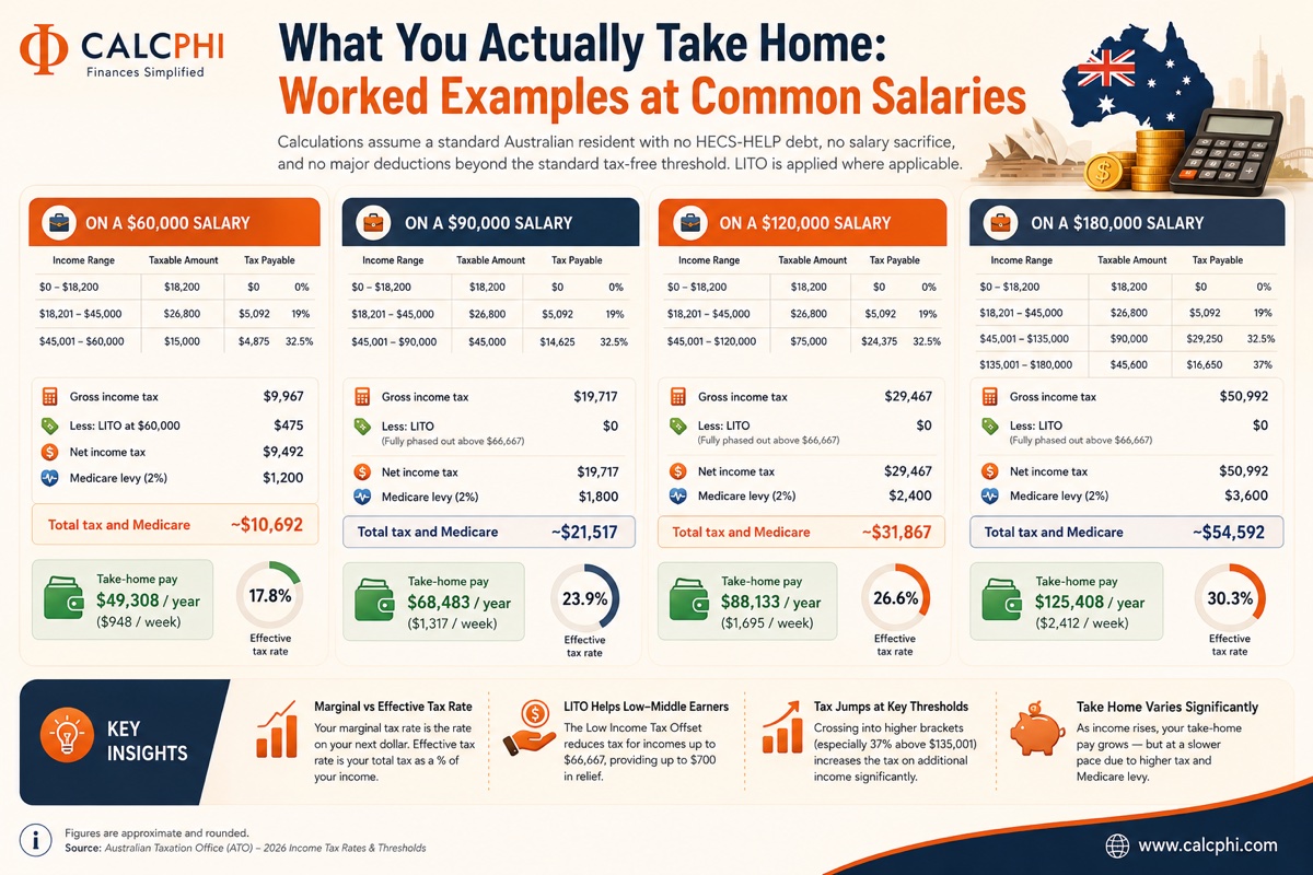 What you actually take home: worked examples at common salaries in Australia 2026