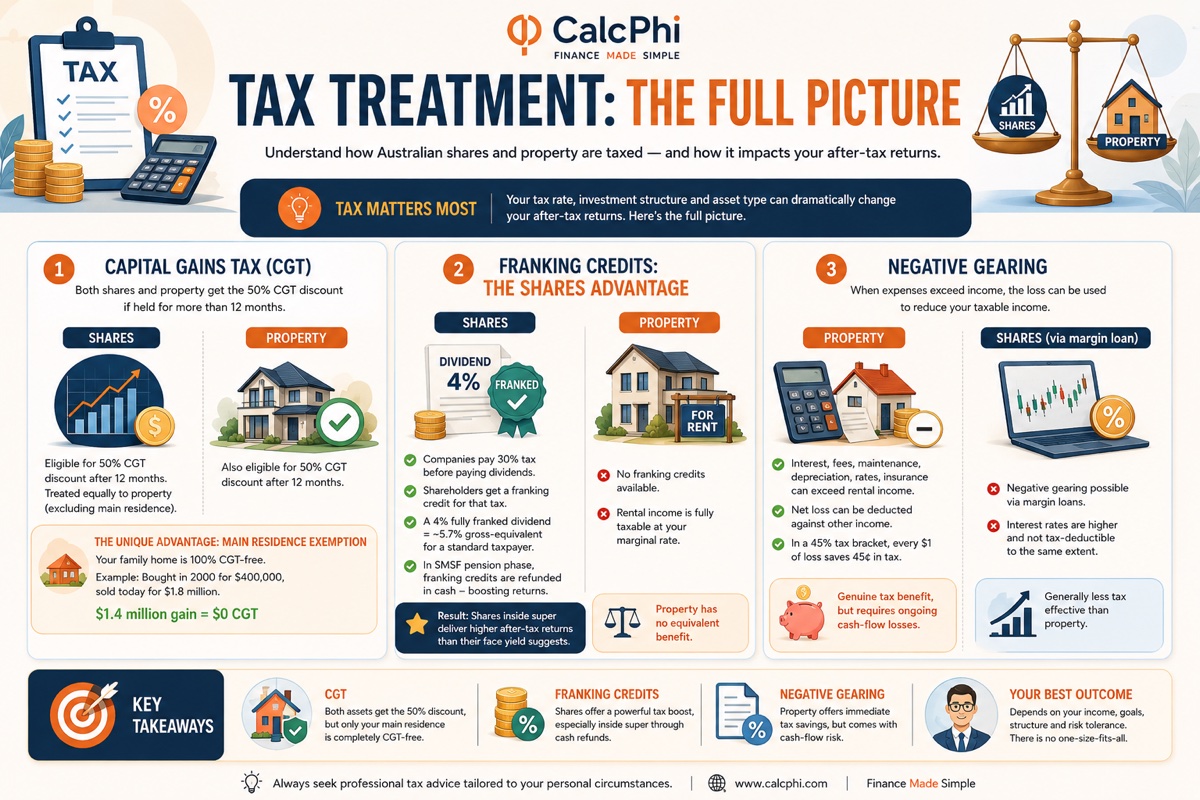 Tax treatment: the full picture — CGT, franking credits and negative gearing for shares vs property