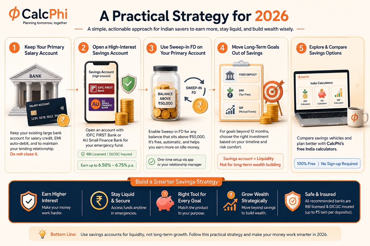 A practical savings strategy for 2026 — 5-step approach: primary salary account, high-interest savings, sweep-in FD, long-term goals, and CalcPhi calculators