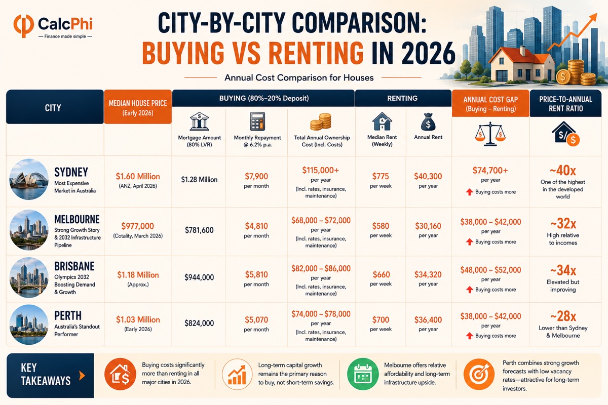 City-by-city comparison: buying vs renting in 2026 — annual cost gap for Sydney, Melbourne, Brisbane and Perth