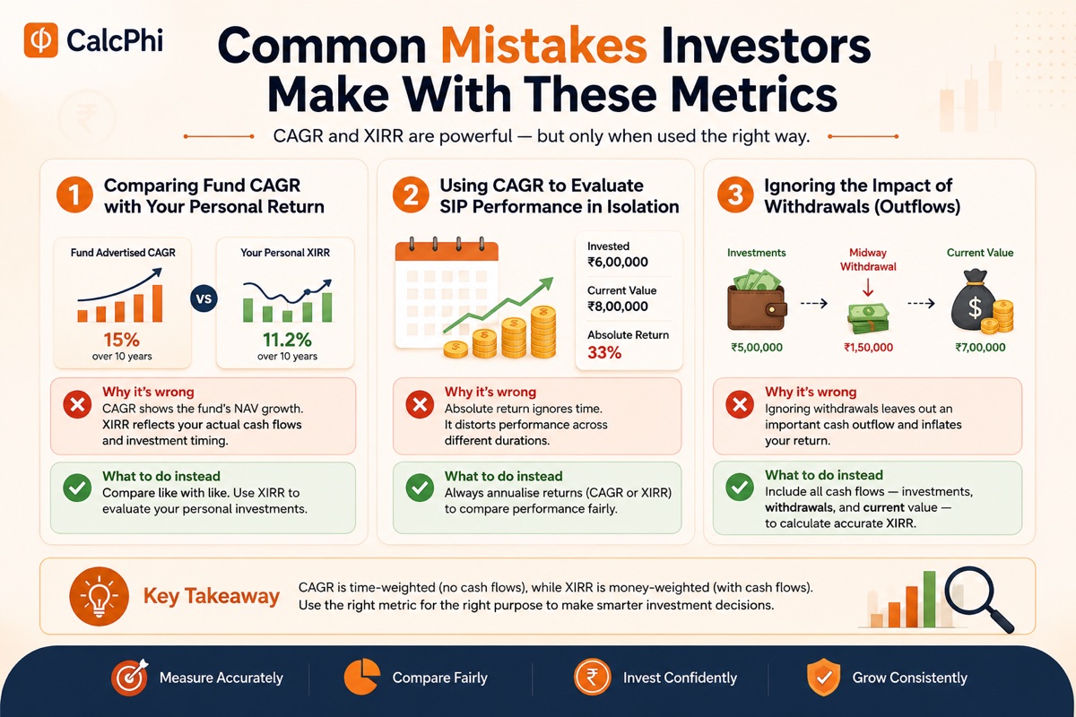 Common mistakes investors make with CAGR and XIRR metrics — comparing fund CAGR with personal return, using CAGR for SIP, and ignoring withdrawals