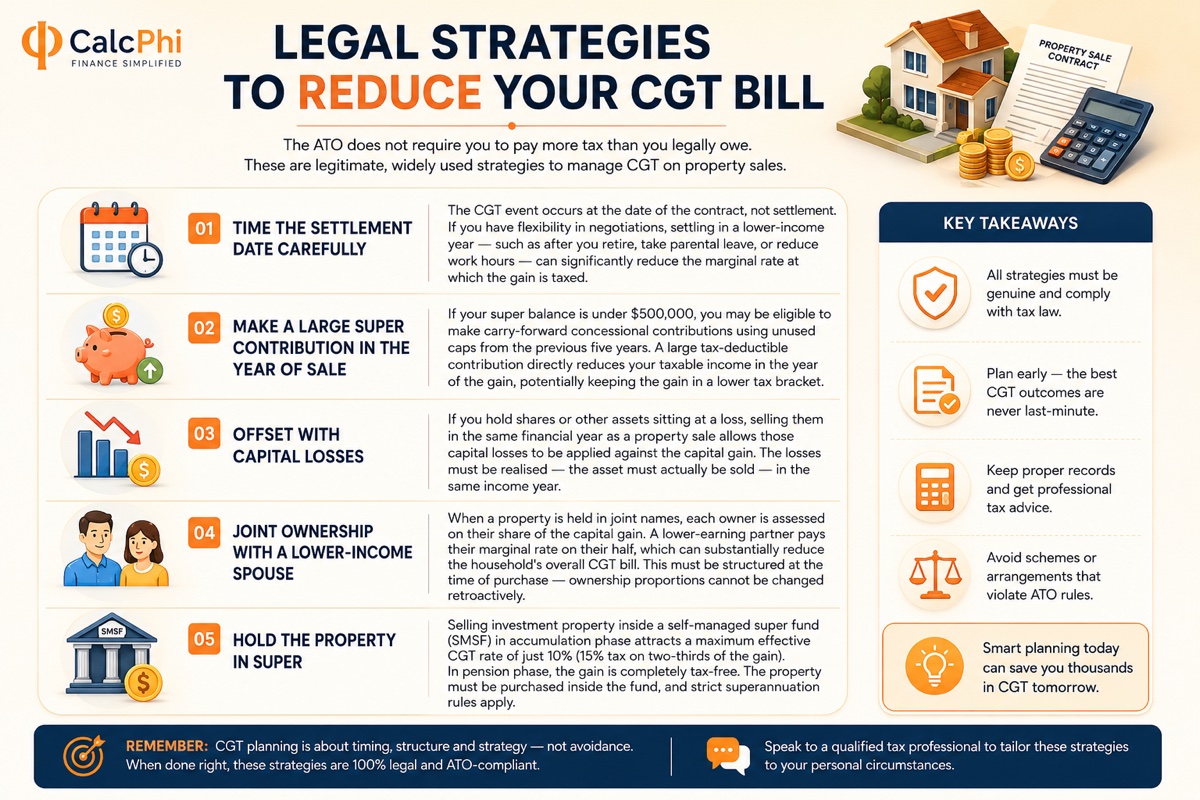 Legal strategies to reduce your CGT bill: time settlement, super contributions, capital losses, joint ownership, hold in SMSF