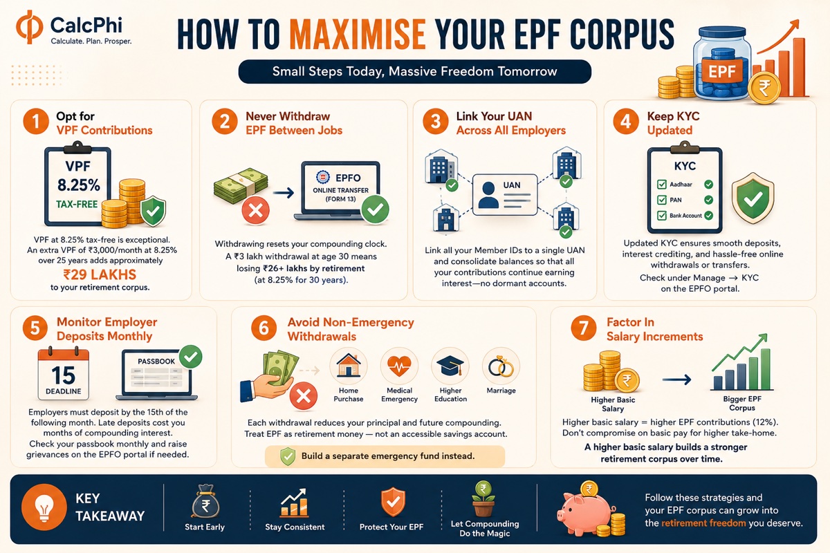 How to maximise your EPF corpus — 7 strategies including VPF contributions, never withdrawing between jobs, UAN linking, KYC updates, and monitoring employer deposits
