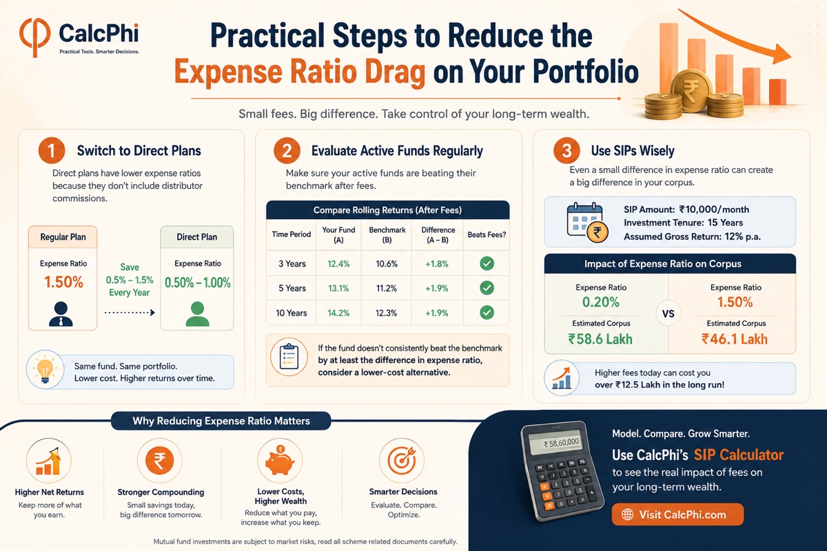 Practical steps to reduce expense ratio drag on your portfolio — infographic