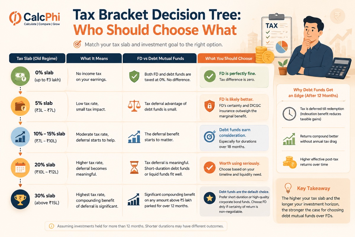 Tax bracket decision tree: who should choose FD vs debt mutual fund — CalcPhi