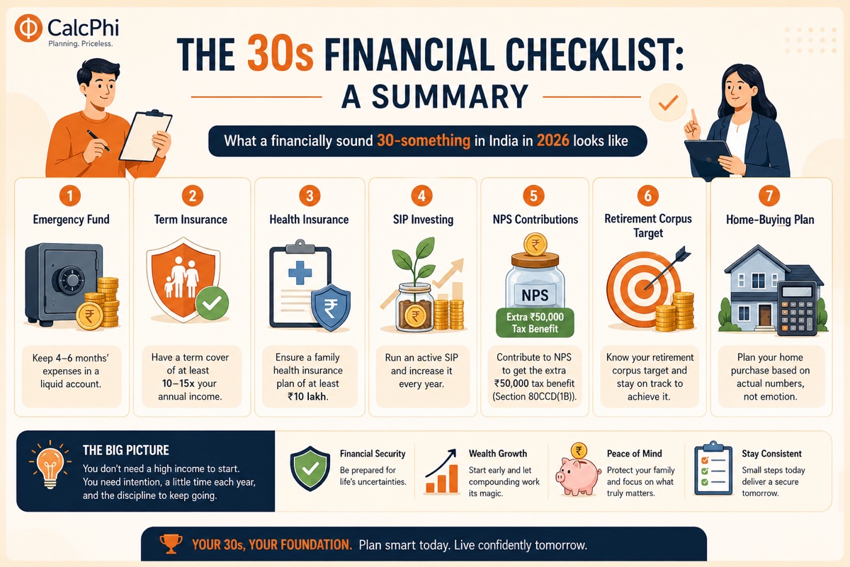 The 30s financial checklist — 7 essentials: emergency fund, term insurance, health insurance, SIP, NPS, retirement corpus target, and home-buying plan