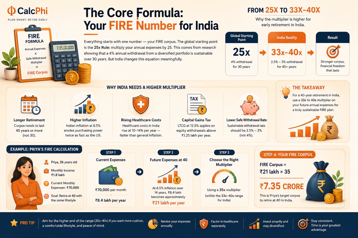 The core FIRE formula for India: from 25x to 33x-40x multiplier, with Priya's example calculation of ₹7.35 crore corpus
