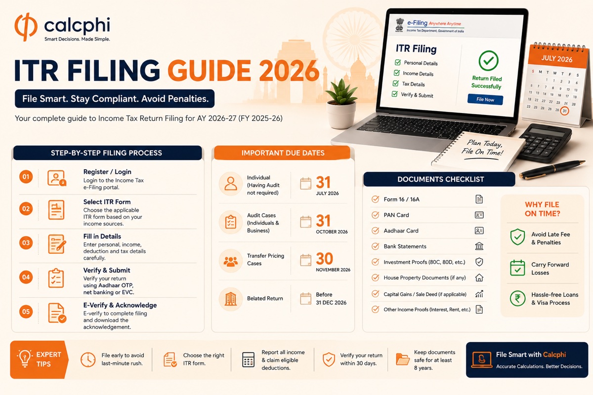 ITR Filing Guide 2026 — step-by-step filing process, important due dates, documents checklist and why to file on time