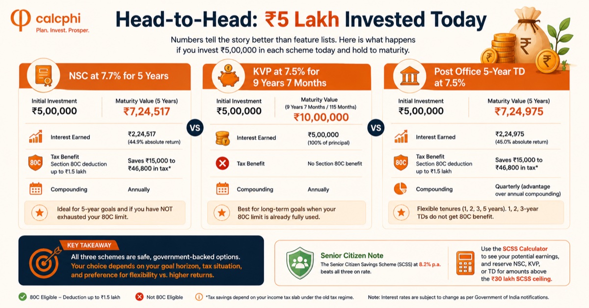 Head-to-Head: ₹5 Lakh Invested Today — NSC vs KVP vs Post Office TD maturity value comparison infographic