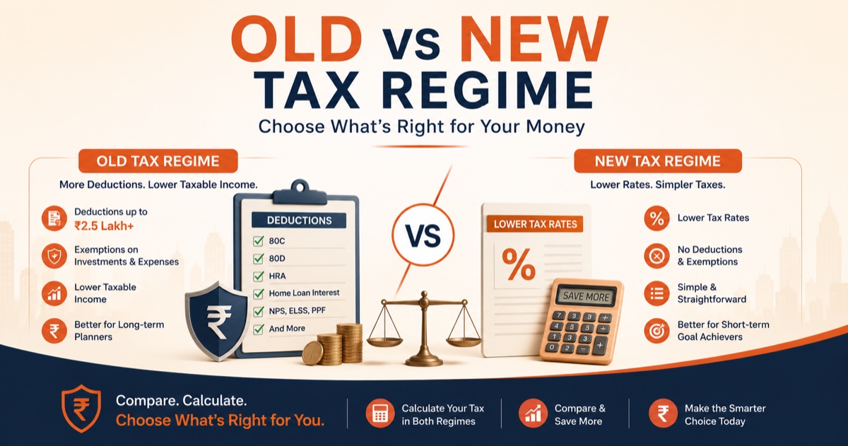 Old vs New Tax Regime — Choose What's Right for Your Money infographic comparing deductions, tax rates and key differences