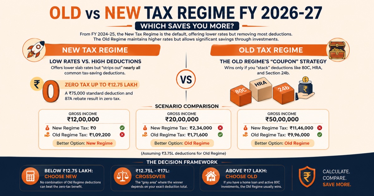 Old vs New Tax Regime FY 2026-27 scenario comparison — income levels ₹12L, ₹20L, ₹50L with tax amounts and better option highlighted