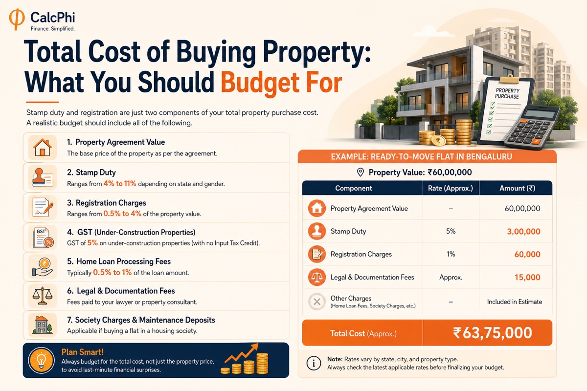 Total cost of buying property in India — stamp duty, registration charges, GST, loan fees and complete budget breakdown