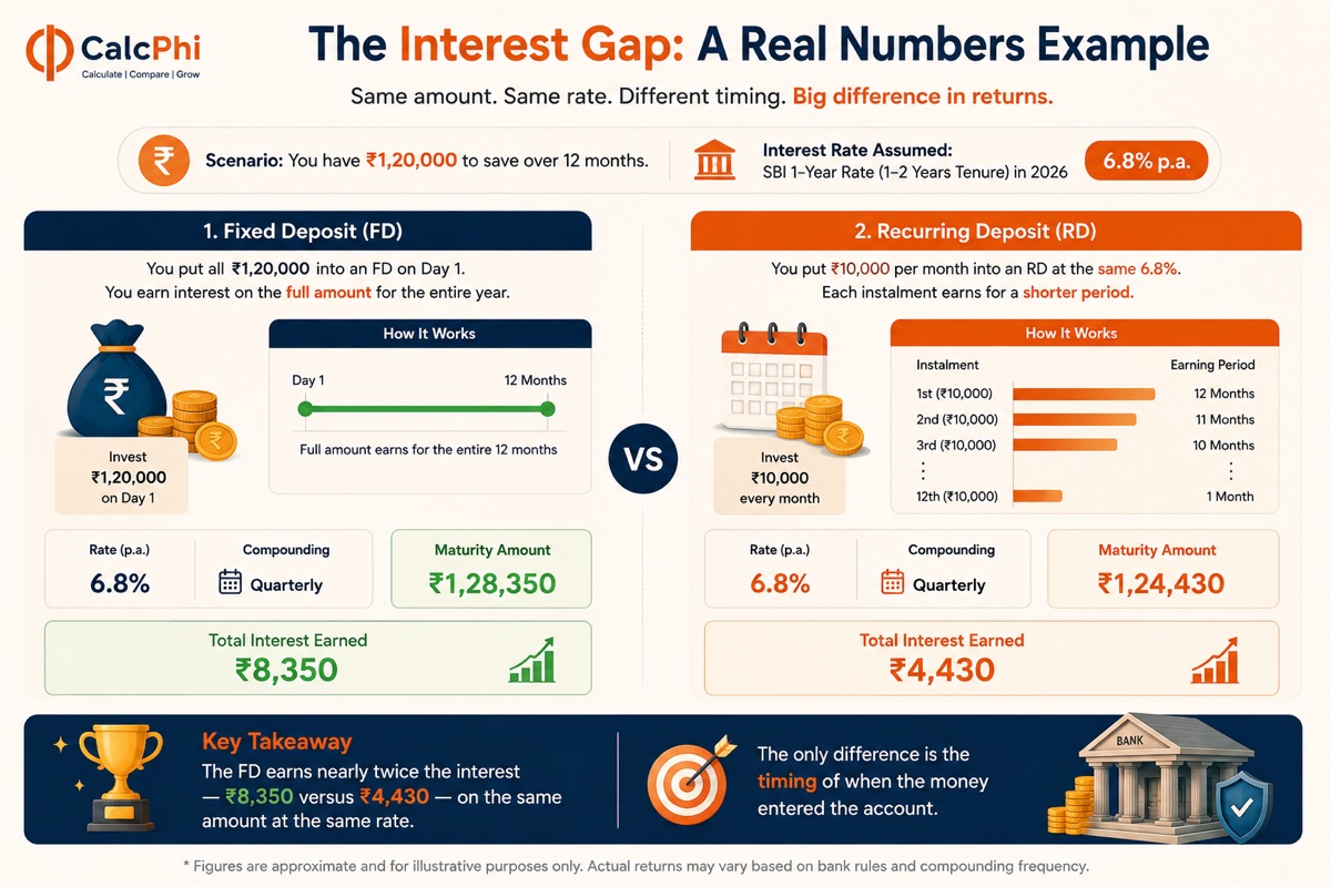 The interest gap: a real numbers example — same amount, same rate, different timing, big difference in returns. FD earns ₹8,350 vs RD ₹4,430 at 6.8% p.a.