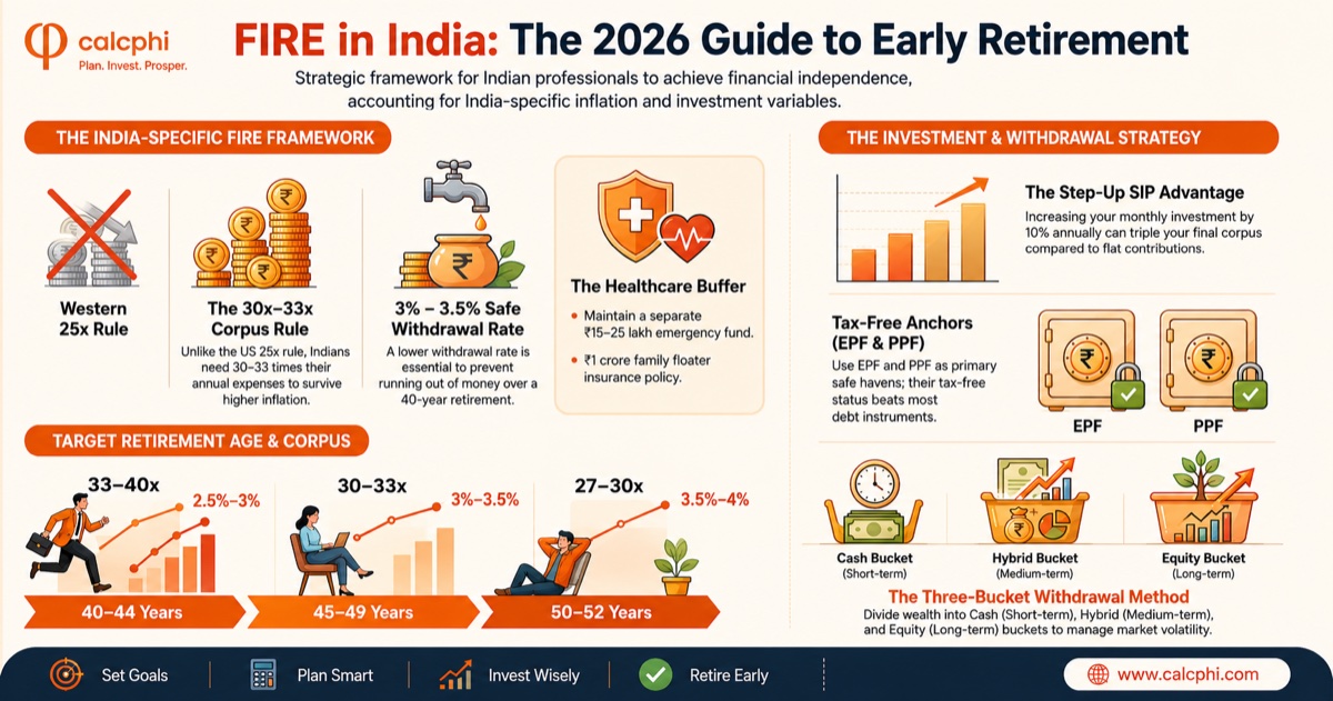 FIRE in India 2026 — India-specific framework: 30–33x corpus rule, 3–3.5% safe withdrawal rate, target retirement age and corpus, three-bucket withdrawal method