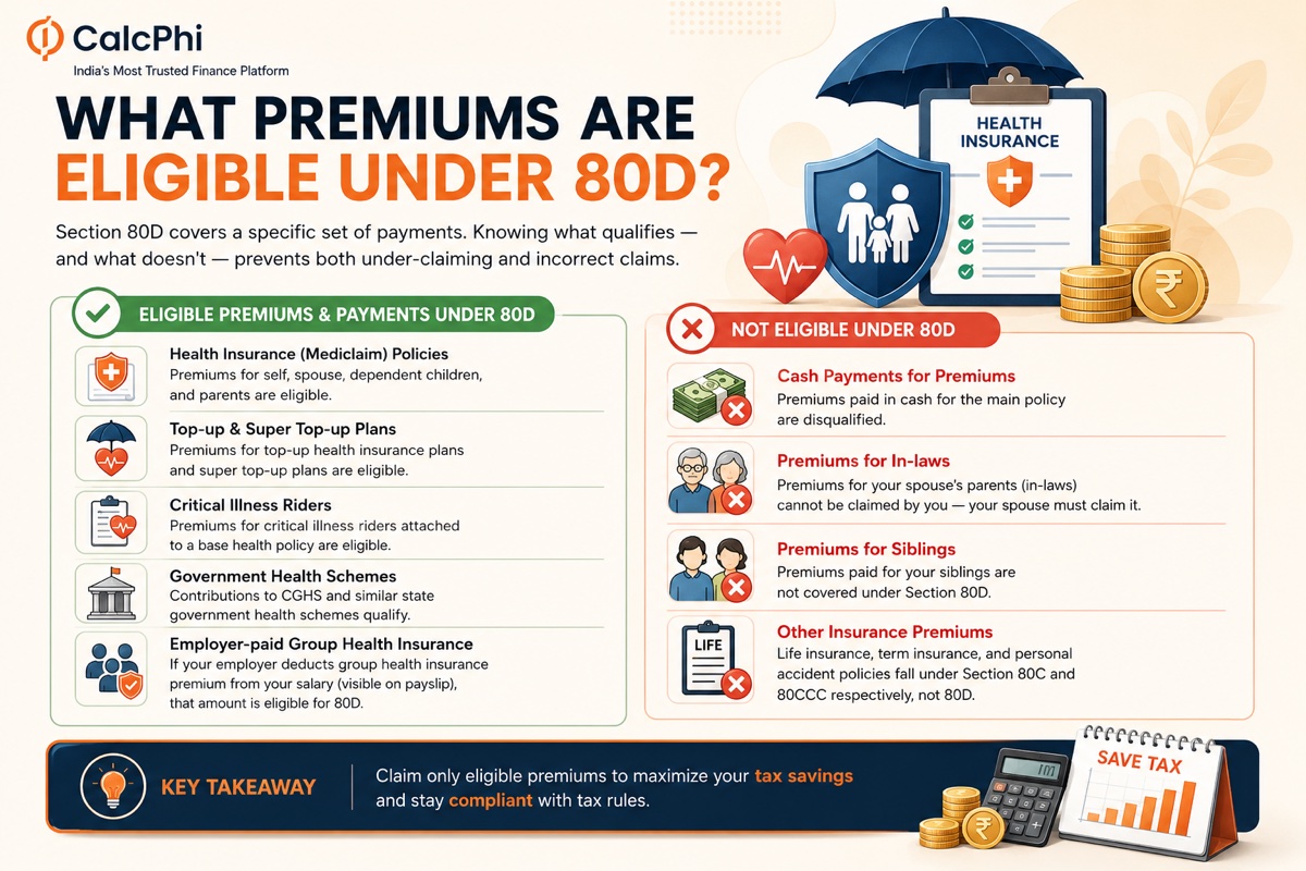 What premiums are eligible under Section 80D: health insurance, top-up plans, critical illness riders and government schemes