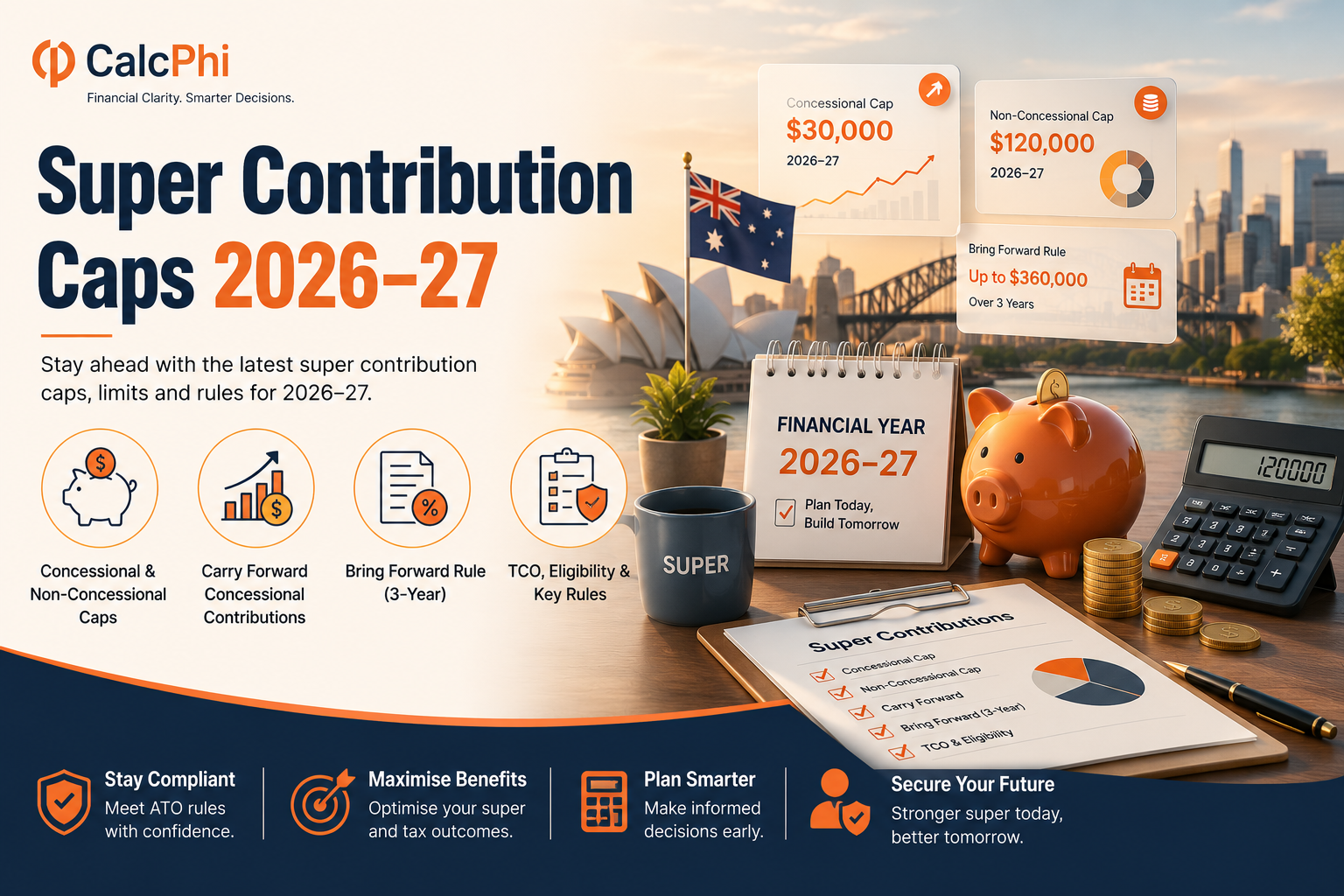 Super contribution caps 2026-27 — concessional and non-concessional limits, bring forward rule and carry forward contributions
