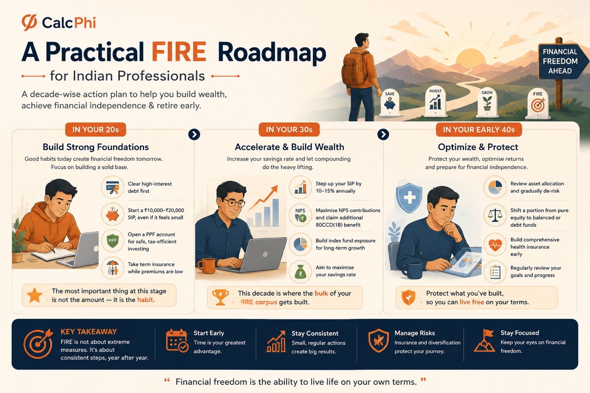 A practical FIRE roadmap for Indian professionals — decade-wise action plan for your 20s, 30s, and early 40s to build wealth and achieve financial independence